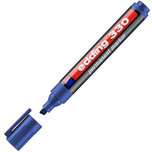 edding 330 Permanent Marker - Blue - 1 Pen - Chisel Tip 1-5 mm - Waterproof, Quick-Drying, Smear-Proof Pens - for Cardboard, Plastic, Glass, Wood, Metal and Fabric