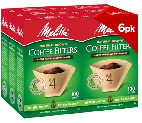 MELITTA Natural Brown #4 Cone Filters, Cone Coffee Filters, Replacement Filters, Coffee Maker Filters, Natural Brown, 100 Count (Pack of 6)