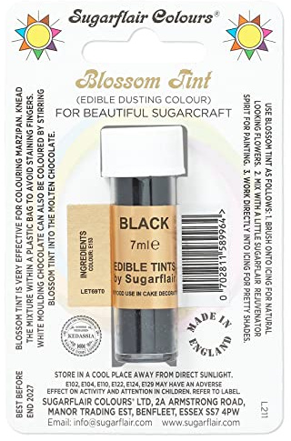 Sugarflair Blossom Tint Black Food Colouring and Dusting Powder, Matt Finish, Brush On or Mix with Rejuvenator Spirit to Create a One of A Kind Cake - 7ml