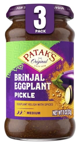 Patak’s Brinjal Eggplant Pickle - Medium Heat Spicy Indian Pickle Relish w/Mustard Seeds, Garlic & Aromatic Spices - Vegan & Gluten-Free Indian Eggplant Achar - Ready to Serve - 11oz Jar (Pack of 3)