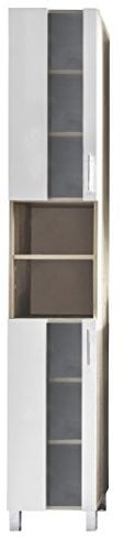 trendteam smart living - Porto - Hochschrank - Eiche/Weiß - moderner Badschrank mit satiniertem Glas - (BxHxT) 33 x 191 x 31 cm - 2 Ablagen, 6 Fächer und 4 Einlegeböden