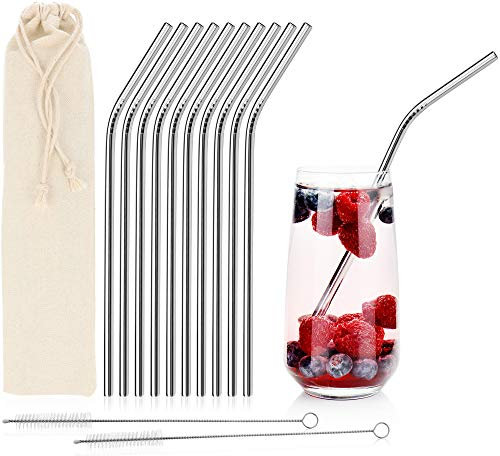 com-four® 10x Pailles en Acier Inoxydable, pailles à Boire, antirouille, Paille avec Brosse de Nettoyage, réutilisable - 21,5 cm (Courbe en Acier Inoxydable - 10 pièces)