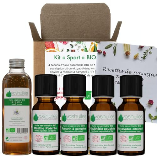 VOSHUILES - Kit Sport - 4 Huiles Essentielles + 1 Végétale Bio - 100% Pure et Naturelle - HEBBD, Ecocert - Eucalyptus Citronné, Gaulthérie, Menthe Poivrée, Romarin à Camphre, Nigelle - 4x10ml, 1x50ml