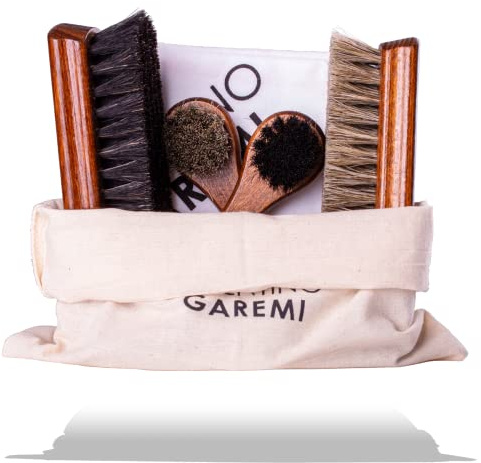VALENTINO GAREMI Shoe Care Kit – 6 Piece Set with Horsehair Brushes, Applicators & Cotton Cloth – Leather Shoe Cleaning & Polishing Kit – Made in Germany