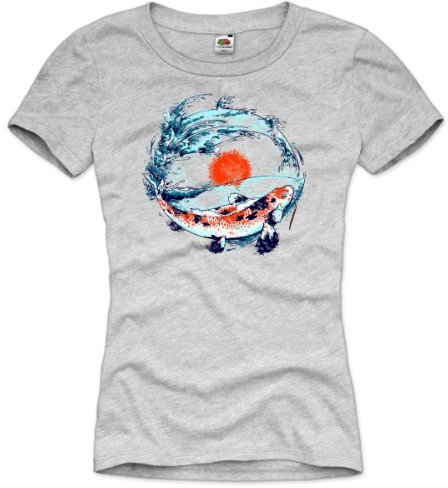 style3 Koi T-Shirt Damen Fisch züchter Japan Nippon teich Zen Buddhismus Garten Karpfen, Farbe:Grau meliert;Größe:M