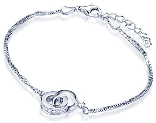 Yumilok Ineinander Verschlungene Ringe 925 Sterling Silber Zirkonia Charm-Armband Armkette Doppel Ketten für Damen Frauen Mädchen, 6.3-7.3 Verstellbar
