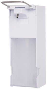 Blanc HYGIENIC Desinfektionsspender FIX – Armhebel-Spender mit Edelstahl-Bedienhebel, Euro Spender inkl. Leere 1 Liter Flasche zum Selbstbefüllen, Spender mit kurzem Bedienhebel, Weiß