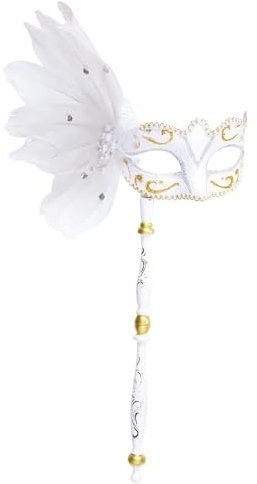 Widmann 1800S - Augenmaske mit Stab, Weiß, mit Federn und Einsetzen aus Silber/Gold, Kostümzubehör, Accessoire, Venezianisch, Karneval, Mottoparty