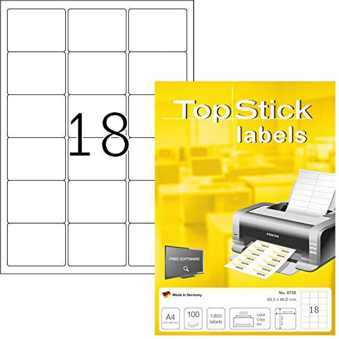 TopStick 8735 Adressetiketten, 100 Blatt, 63,5 x 46,6 mm, 18 pro A4 Bogen, 1800 Stück, selbstklebend, bedruckbar, matt, blanko Papier Adressaufkleber Etiketten, weiß