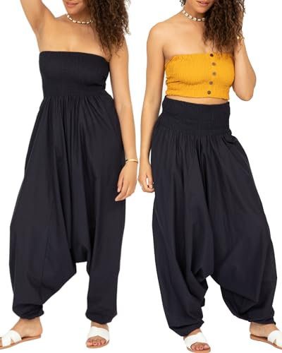 likemary Jumpsuit Damen Sommer – 2-in-1 Baumwoll Jumpsuit wird zur Haremshose – Lang geschnitten mit Taschen – Boho Pumphose Overall Einteiler für Urlaub & Alltag - Mitternachtsblau