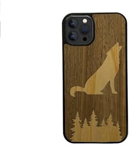 Enowood Coque en Bois de téléphone Iphone Artisanale - Loup - Iphone 13 Pro Max - Noyer