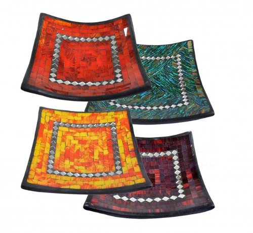 Kunsthandwerk Asien Glas-Mosaik-Schale mit hintermalten Glassteinen belegt - Dekoschale 20 cm