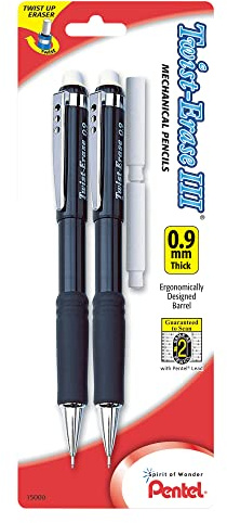 Pentel Twist-Erase III - Matita automatica con 2 ricariche per gomma, 0,9 mm, fusti assortiti, confezione da 2 (QE519BP2-K6)