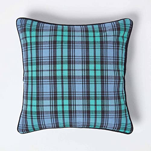 Homescapes Karierte Kissenhülle Blackwatch 45 x 45 cm, Zierkissenbezug aus 100% Baumwolle mit schottischem Tartan-Muster und Reißverschluss, Schottenmuster blau-grün
