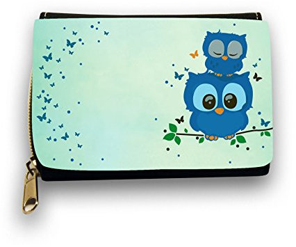 ilka parey wandtattoo-welt Portemonnaie Geldbörse Brieftasche mit süßen Eulen, Schmetterlingen und Punkten Eulengeldbörse Eulenportemonnaie blau gk33