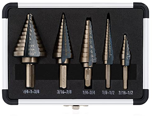 ZELCAN Step Drill Bits, HSS 5PCS Titanium Step Drill Bit Set, 50 Sizes in 5 High Speed Steel Unibit Drill Bits Set for Sheet Metal with Aluminum Case, Multiple Hole Stepped Up Bits for DIY Lovers