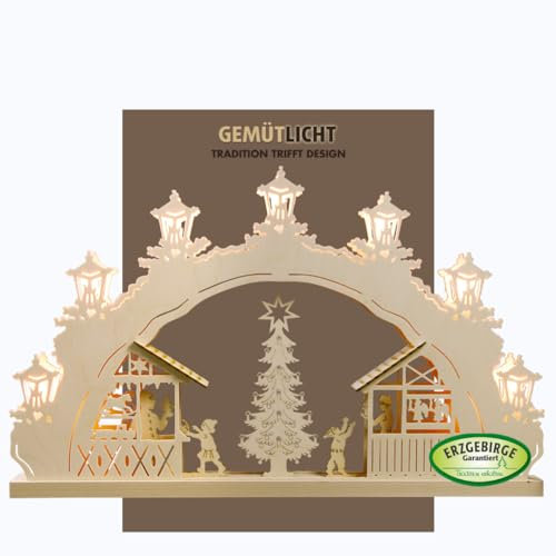 WEIGLA - Schwibbogen original Erzgebirge I Lichterbogen Weihnachten I Motiv Weihnachtsmarkt I 7 Lampenkerzen + 1 Ersatzlampe I 7 x 34 V, 3 W, E10 I beleuchtete Weihnachtsdeko