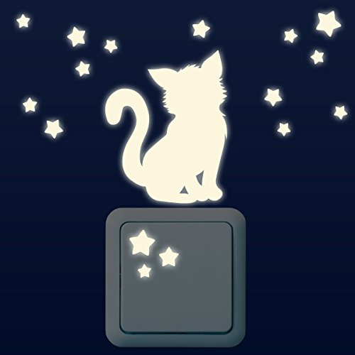 WANDKINGS Leuchtaufkleber für Lichtschalter/Kätzchen mit 16 Sternen im Set/im Dunkeln Leuchtend