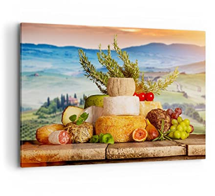 Wandbilder Dekoration Wohnzimmer Toskana Käse Obst Italien Bilder auf Leinwand 120x80cm Leinwandbild Schlafzimmer Küche Deko Wand Kunstdruck Art Groß XXL Wanddeko Bild Wall Decor Canvas AA120x80-2902