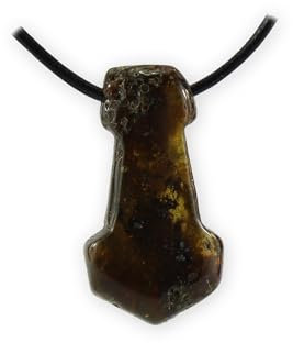 Budawi® Bernstein Thors Hammer Anhänger – teils naturbelassen – gebohrt mit Lederband – Wikinger Schmuck – Unikat – in Geschenkschachtel – für Männer & Frauen