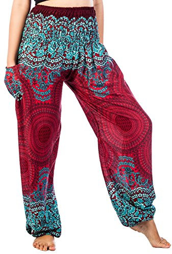 Lofbaz Haremshose Damen Boho Yogahose Pumphose Hippie Hose Kleidung Festival Outfit Sommerhose Leicht Sommer Hosen - Rose 1 Burgund M