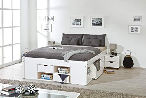 Inter Link - Funktionsbett - Bett mit Schubladen - Doppelbett 160 x 200 cm - 2 Große und 4 kleine Schubladen - Nachtkommode - Kiefer massivholz - Inkl Lattenrost - Weiß lackiert - Till