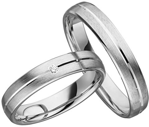 JC Trauringe 925er Sterling Silber Paar-Preis I Eheringe mit kostenfreier Gravur I Partnerringe 4,0mm breit inkl. Etui I Herren-Ring ohne & Damen-Ring mit Zirkonia-Stein I Größe 48 bis 72 I S002