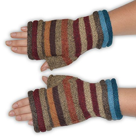 Invisible World Damen 100% Alpaka fingerlose Handschuhe – ideale Halbfinger Winter Strickhandschuhe – Rot