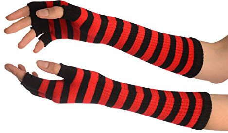 Red & Black Stripes Fingerless Gloves - Rot Handschuhe, Einheitsgroesse (28 cm)