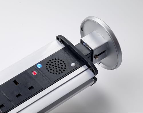 Leyton Lighting Stainless Steel Pop-Up Socket Power Port 3 x UK Sockets, 2 x USB + Bluetooth Speaker