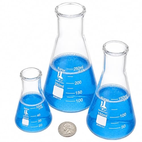 Glass Erlenmeyer Flask Set - 3 Sizes - 50, 150 and 250ml, Karter Scientific 214U2