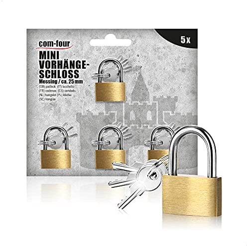 com-four® 5x Mini Luggage Padlock - Luggage Lock Made of Brass - Small Baggage Lock for Suitcases, Travel Bags and Travel Cases