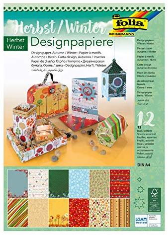folia 11349 - Designpapier Block Herbst / Winter, DIN A4, 165 g/qm, 12 Blatt sortiert in 12 verschiedenen Motiven, hochwertig illustriertes Papier mit Glitterapplikation