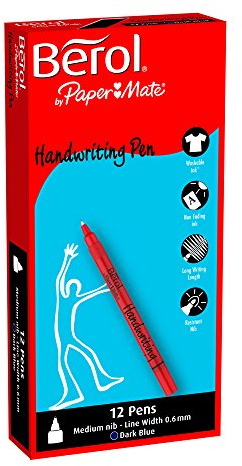 Berol Handwriting Pen with 0.6 mm Medium Nib - Dark Blue, Box of 12