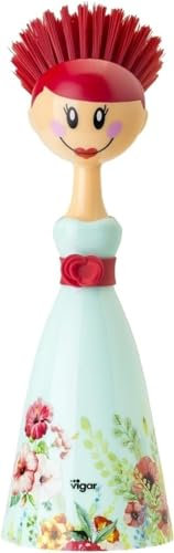 Vigar - Cepillo Lavaplatos - Soporte en Forma de Vestido - 7,5 x 7,5 x 24,5 cm - Dolls Kalho - Cerdas de Nylon - No Raya la Vajilla - Color Turquesa