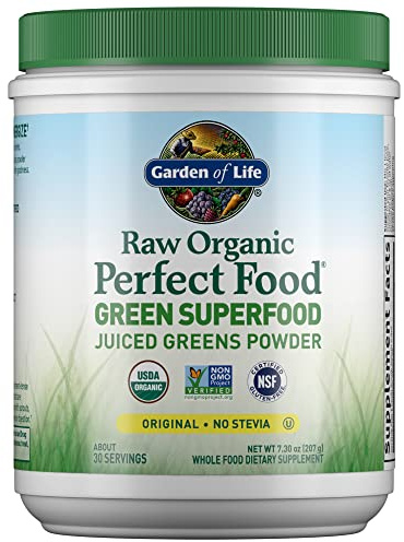 Garden of Life Raw Organic Perfect Food Green Superfood Juiced Greens Powder - Original Stevia-Free, 30 Servings, Non-GMO, Gluten Free Whole Food Dietary Supplement, Alkalize, Detoxify, Energize