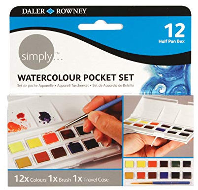 Daler-Rowney Simply Watercolour Paint Half Pan Pocket Set, 12 Assorted Colours, Ideal for Entry-Level Artists & Hobbyists