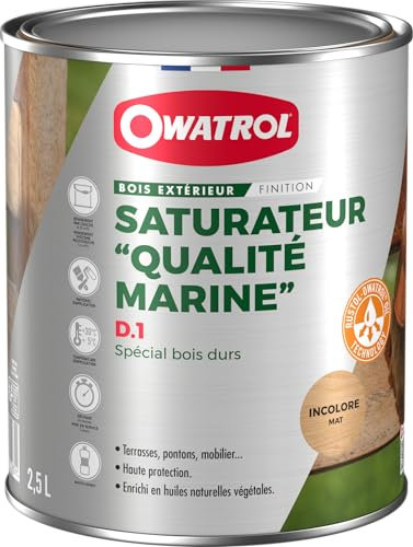 Saturateur D1 Qualité Marine OWATROL - Saturateur Bois Extérieur - Teck, Ipé, Acajou, Movingui - Pontons, Terrasses, Bardages - Polyvalent - Protège les Bois Denses et Exotiques - 2,5L