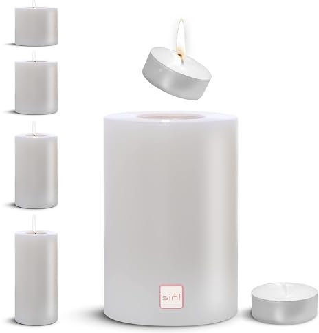 Sin! Teelichthalter Trend warmweiß - ∅ 10cm / Höhe 18cm. Die Kerze die Nicht schmilzt! - Dauerkerze in Kerzenform/Kerzenoptik aus Kunststoff mit Teelichteinsatz. Inkl. Teelicht 8 Std. Brenndauer
