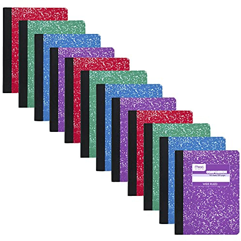 Mead Composition Notebooks, 12 Pack, Wide Ruled Paper, 9-3/4 x 7-1/2, 100 Sheets per Comp Book, Assorted Marble Colors (73389)