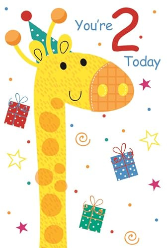 Age 2 Birthday Card - Giraffe in Party Hat Stars Swirls Glitter 7.75x5.25