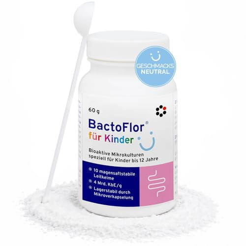 BactoFlor für Kinder – 10 Bakterienkulturen, ab Säuglingsalter, 60 g Pulver | 4 Mrd. KbE pro Gramm ideal bei Antibiotika – natürlich magensaftstabil – geschmacksneutral, vegan, laktosefrei