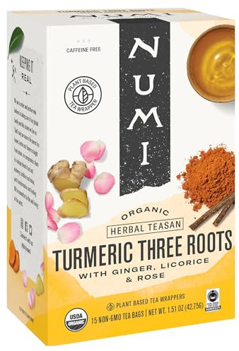 Numi Tea Organic Three Roots Turmeric Tea, 15 Herbal Tea Bags, Caffeine Free