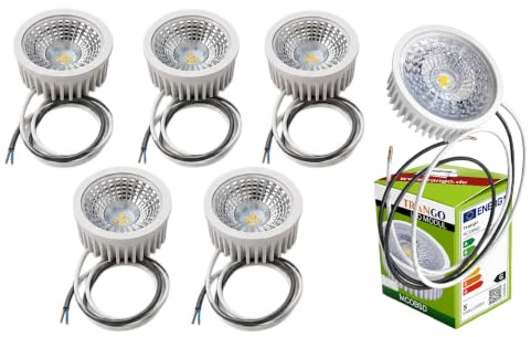 Trango 5er Pack 5 Watt 3 Stufen dimmbar MOCOBSD-C*5 LED Modul inkl. je 75cm Kabel T: 3cm 3000K warmweiß zum Austauschen Einbauleuchte, Deckenstrahler, Einbaustrahler GU10 & MR16 Leuchtmittel