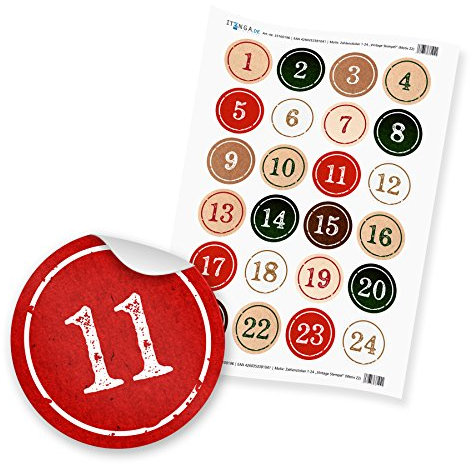 Adventskalender Zahlen 1-24 Aufkleber Sticker 4cm StempelDesign grün rot weiß Hochglanz