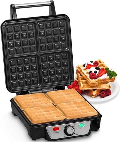 Andrew James 4 Slice Belgian Waffle Maker | Non-Stick Four Waffle Maker Machine | Waffle Irons with Adjustable Temperature | Cast Waffle Iron for Delicious Deep Waffles | 1100 Watts