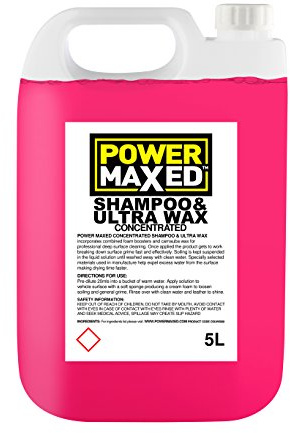 Power Maxed Car Shampoo & Ultra Wax 5L - High Foam Car Wash with Carnauba Wax - pH Balanced Vehicle Cleaning Shampoo for Gloss Finish - Safe for Paint, Plastic, Rubber & Glass
