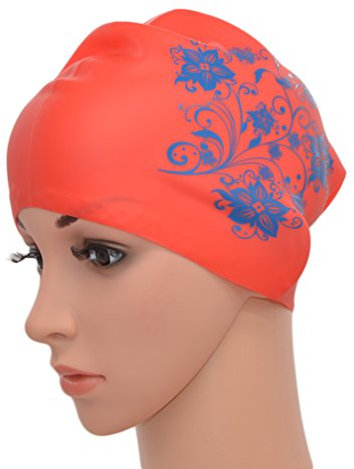Medifier Mujeres señoras con estampado de flores de silicona elástica para piscina de agua, gorro de natación para orejas de pelo largo para adultos (rojo)