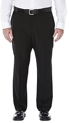 Haggar Mens ECLO Stria Expandable-Waist Plain-Front Dress Pants, Black, 36W x 31L US