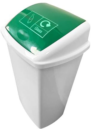 Chabrias Ltd Plastic 50 Litre Swing Top Bin Green & Glass Logo, Flip Top, Colour Coded, Recycling, Home, Work, Office, Recycle